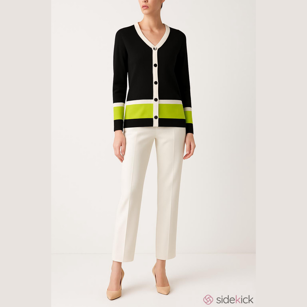 Misook Black and Cream and lime green Cardigan with Color-Block Design